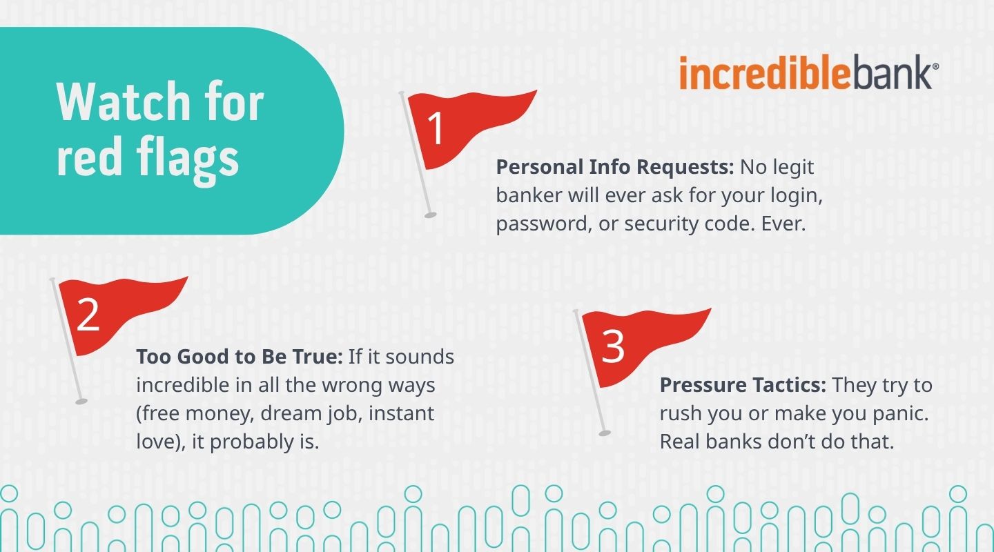 IncredibleBank graphic showing red flags for common bank scams and fraud types